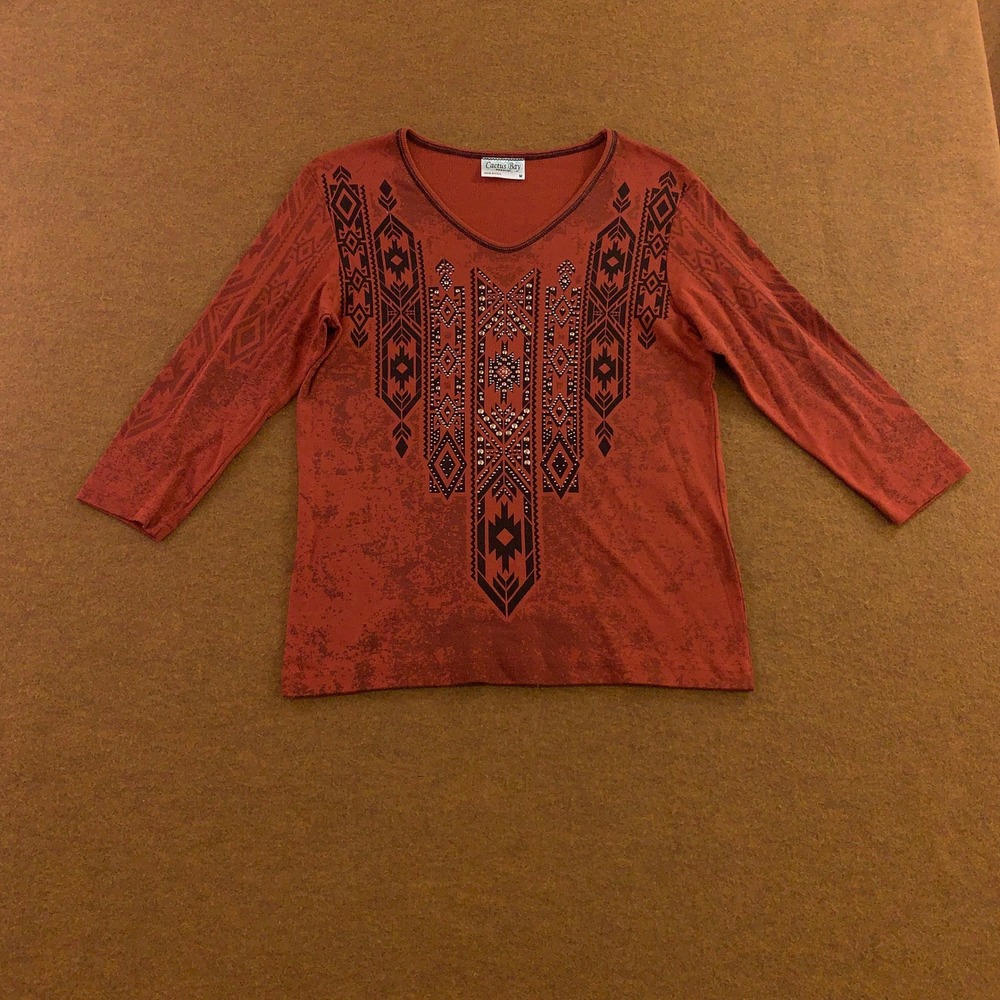 Cactus Bay Womens Medium Rust Orange Southwestern Rhinestone 3/4 Sleeve Top
